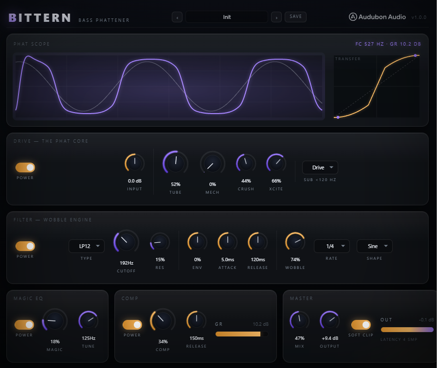 Bittern Drive panel with the Sub mode selector