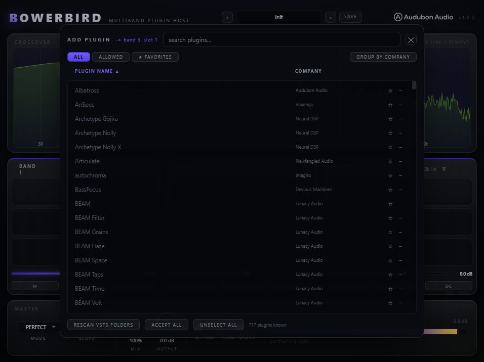 Bowerbird plugin browser listing the scanned VST3 plugins