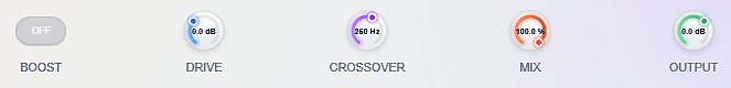 Crane global controls showing Drive, Crossover, Output, and Mix knobs