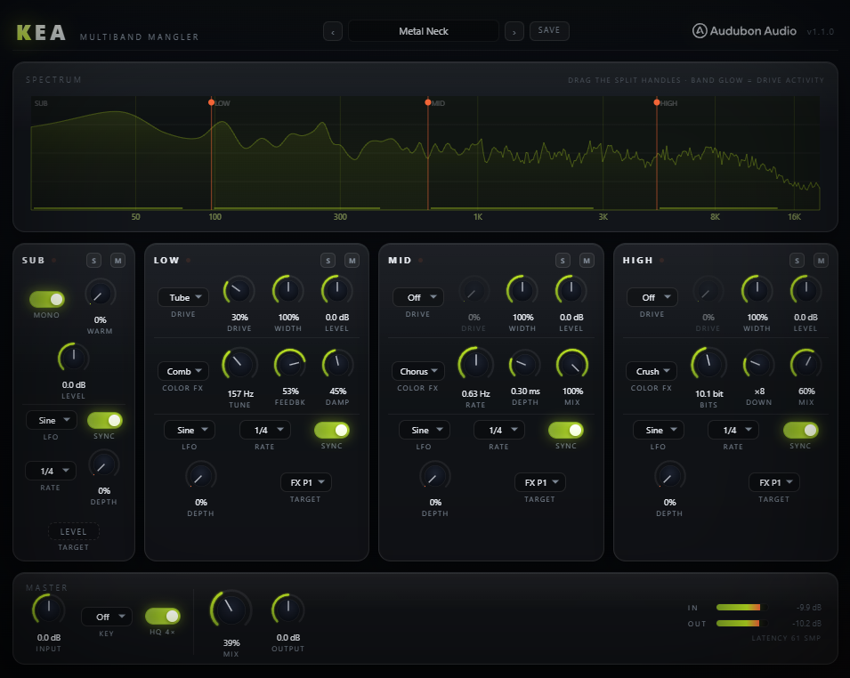 Kea interface showing the spectrum analyzer and draggable crossover handles