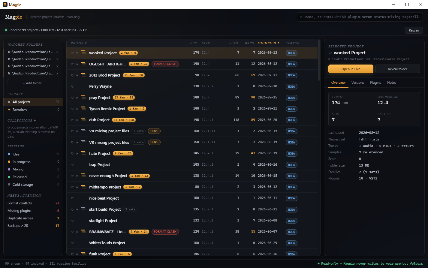 Magpie library view — projects with tempo, plugins and version history
