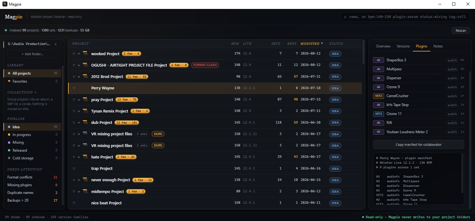 The plugin panel — every plugin a project uses, and the manifest you can hand a collaborator