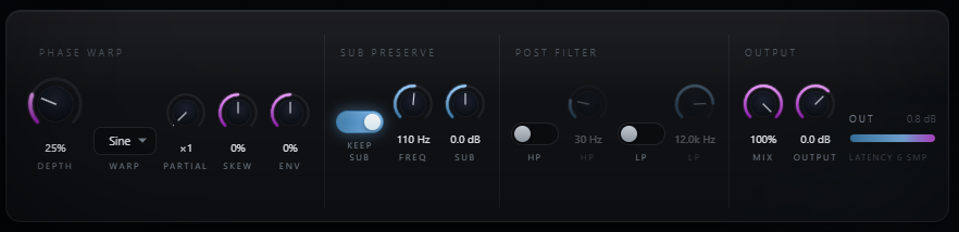 Shearwater control row: Phase Warp, Sub Preserve, Post Filter and Output