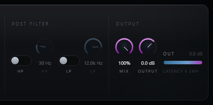 Shearwater Post Filter HP and LP controls beside the Mix and Output stage