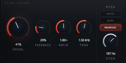 Shrike Growl Engine panel with Growl, Feedback, Ratio, Tone and Pitch knobs