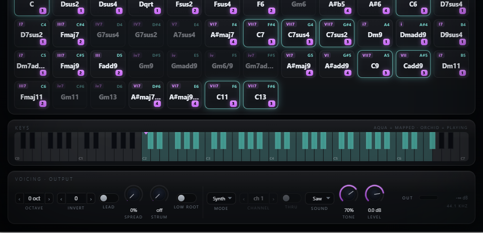 Veery interface showing the chord deck and mapped piano