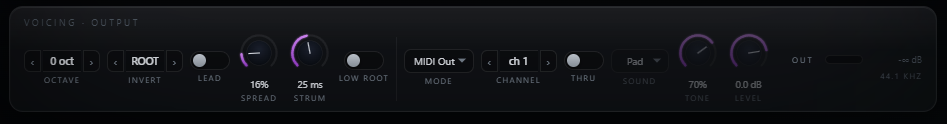 Veery voicing and output row set to MIDI Out on channel 1, with the synth controls greyed out