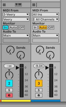 Ableton Live track headers: the receiving track's MIDI From is set to the Veery track with the Veery sub-dropdown below it, and Monitor is set to In
