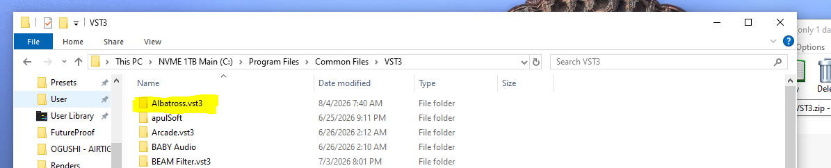 The VST3 folder with the plugin's .vst3 folder copied in (highlighted)
